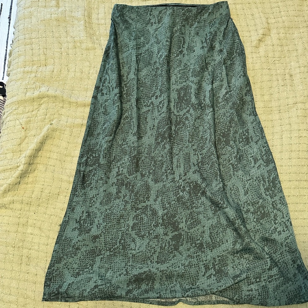 Green snake skin print silk skirt